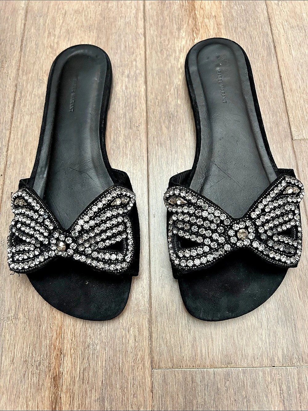 Isabel Marant JELSON FLAT SUEDE BOW SLIDE Sandals Black & Silver EU 37 stone st